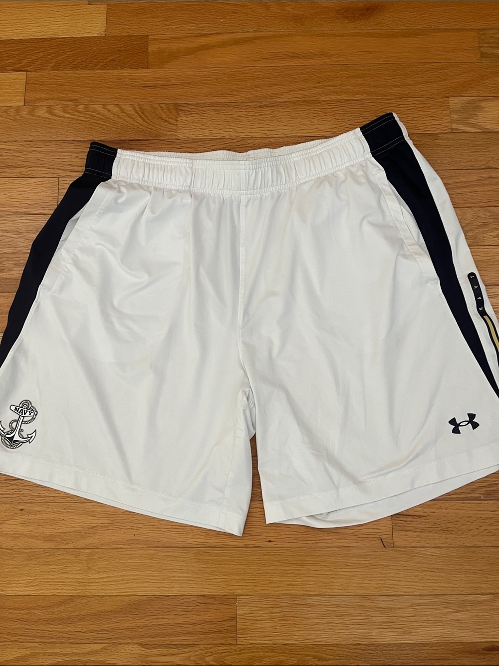Under Armour Men's White Athletic Shorts with Blue Side Panels